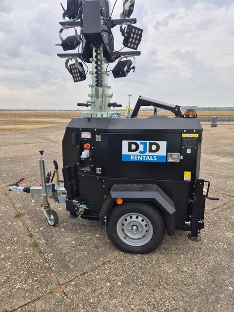 Close-up of a compact LED tower light trailer, mast lowered