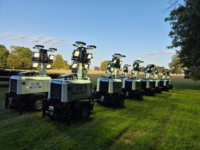 A row of DJD Rentals LED tower lights lined up ready to go out on hire